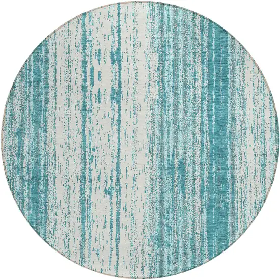 8' Teal Blue And Ivory Round Striped Washable Indoor Outdoor Area Rug Photo 2