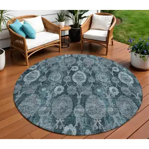 Photo of 8' Teal Blue And Sky Blue Round Damask Washable Indoor Outdoor Area Rug