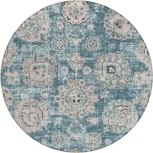 Photo of 8' Teal Blue And Sky Blue Round Floral Washable Indoor Outdoor Area Rug