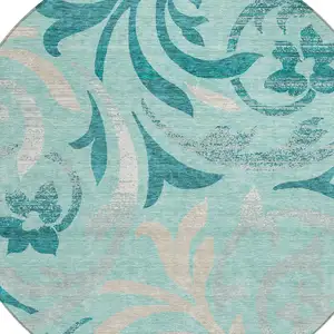 Photo of 8' Teal Blue Aqua And Beige Round Floral Washable Indoor Outdoor Area Rug