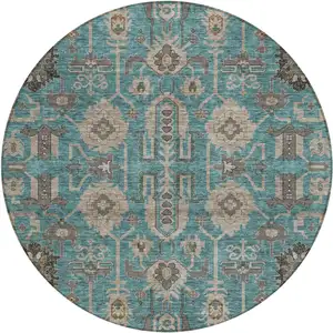 Photo of 8' Teal Blue Aqua And Beige Round Oriental Washable Indoor Outdoor Area Rug