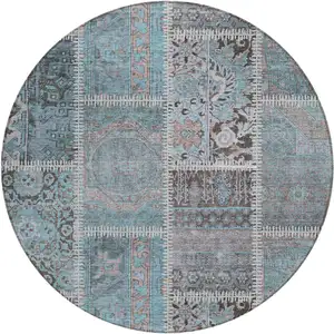 Photo of 8' Teal Blue Aqua And Beige Round Patchwork Washable Indoor Outdoor Area Rug