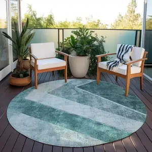 Photo of 8' Teal Blue Aqua And Blue Round Geometric Washable Indoor Outdoor Area Rug