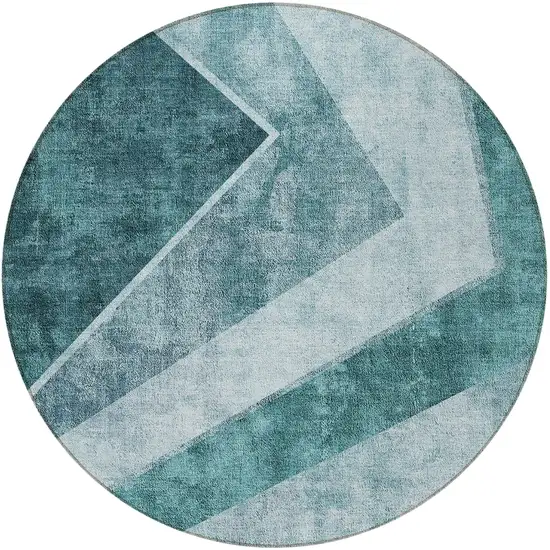 8' Teal Blue Aqua And Blue Round Geometric Washable Indoor Outdoor Area Rug Photo 7