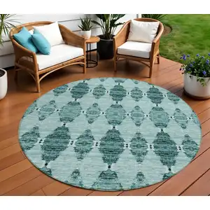 Photo of 8' Teal Blue Aqua And Charcoal Round Moroccan Washable Indoor Outdoor Area Rug