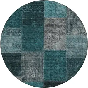 Photo of 8' Teal Blue Aqua And Charcoal Round Patchwork Washable Indoor Outdoor Area Rug