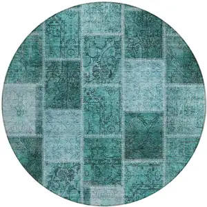 Photo of 8' Teal Blue Aqua And Charcoal Round Patchwork Washable Indoor Outdoor Area Rug