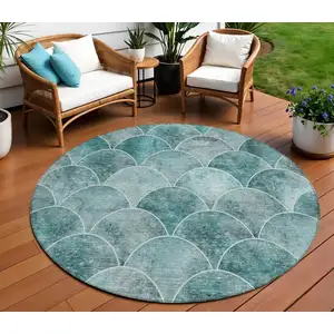 Photo of 8' Teal Blue Aqua And Gray Round Abstract Washable Indoor Outdoor Area Rug