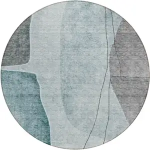 Photo of 8' Teal Blue Aqua And Gray Round Abstract Washable Indoor Outdoor Area Rug