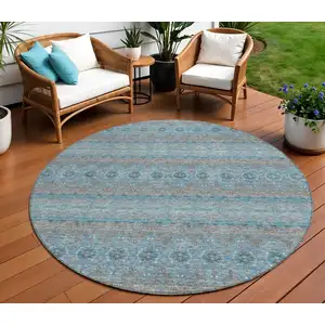 Photo of 8' Teal Blue Aqua And Gray Round Floral Medallion Washable Indoor Outdoor Area Rug