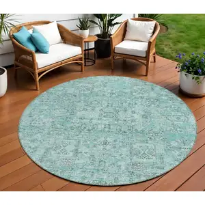 Photo of 8' Teal Blue Aqua And Gray Round Floral Washable Indoor Outdoor Area Rug