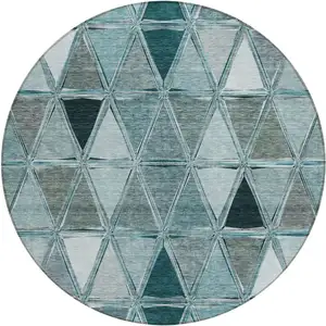 Photo of 8' Teal Blue Aqua And Gray Round Geometric Washable Indoor Outdoor Area Rug