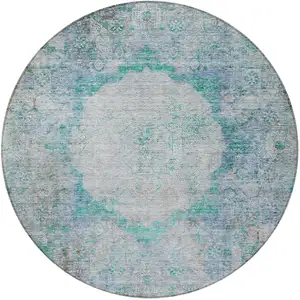 Photo of 8' Teal Blue Aqua And Gray Round Oriental Washable Indoor Outdoor Area Rug