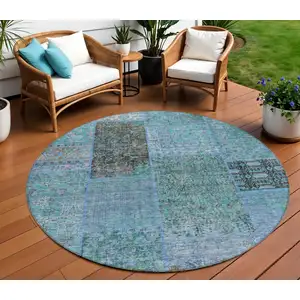 Photo of 8' Teal Blue Aqua And Gray Round Patchwork Washable Indoor Outdoor Area Rug