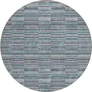 Photo of 8' Teal Blue Aqua And Gray Round Striped Washable Indoor Outdoor Area Rug