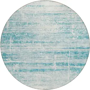 Photo of 8' Teal Blue Aqua And Ivory Round Abstract Washable Indoor Outdoor Area Rug