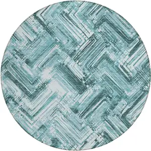 Photo of 8' Teal Blue Aqua And Ivory Round Geometric Washable Indoor Outdoor Area Rug