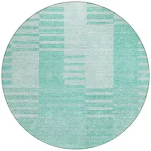 Photo of 8' Teal Blue Aqua And Ivory Round Striped Washable Indoor Outdoor Area Rug