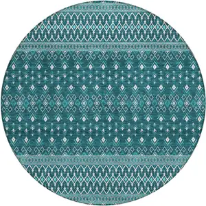 Photo of 8' Teal Blue Aqua And Ivory Round Tribal Washable Indoor Outdoor Area Rug