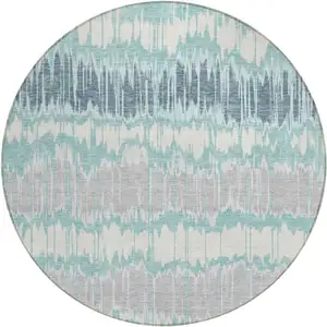 Photo of 8' Teal Blue Aqua And Silver Round Striped Washable Indoor Outdoor Area Rug