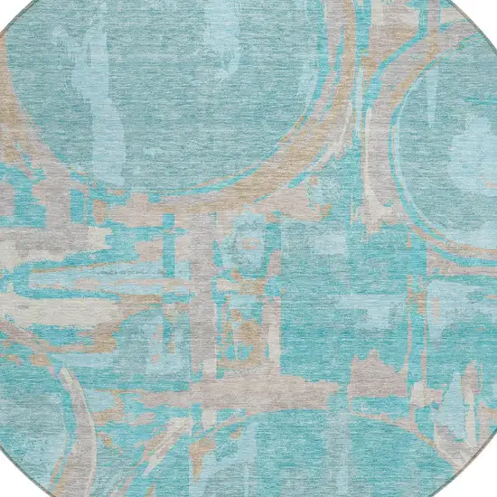 8' Teal Blue Aqua And Taupe Round Geometric Washable Indoor Outdoor Area Rug Photo 6