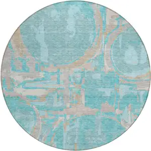 Photo of 8' Teal Blue Aqua And Taupe Round Geometric Washable Indoor Outdoor Area Rug