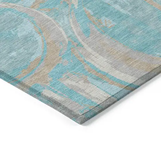 8' Teal Blue Aqua And Taupe Round Geometric Washable Indoor Outdoor Area Rug Photo 4