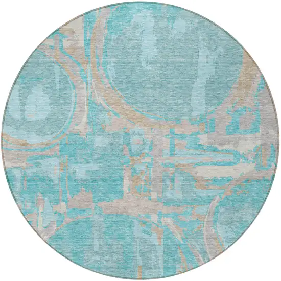 8' Teal Blue Aqua And Taupe Round Geometric Washable Indoor Outdoor Area Rug Photo 3