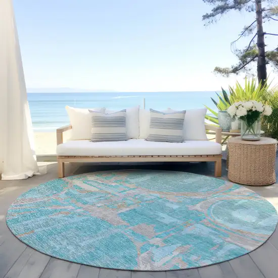 8' Teal Blue Aqua And Taupe Round Geometric Washable Indoor Outdoor Area Rug Photo 7