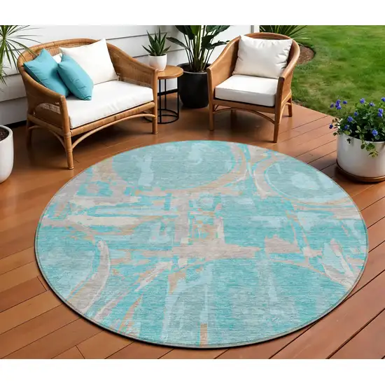 8' Teal Blue Aqua And Taupe Round Geometric Washable Indoor Outdoor Area Rug Photo 2