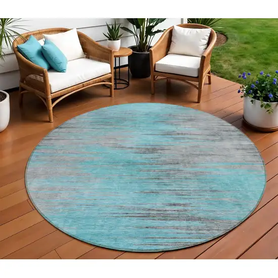 8' Teal Blue Charcoal And Gray Round Abstract Washable Indoor Outdoor Area Rug Photo 1