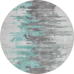 Photo of 8' Teal Blue Charcoal And Silver Round Abstract Washable Indoor Outdoor Area Rug