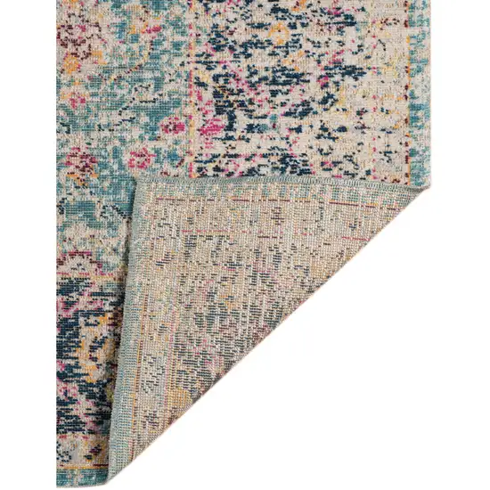 7' Teal Blue Floral Power Loom Runner Rug With Fringe Photo 3