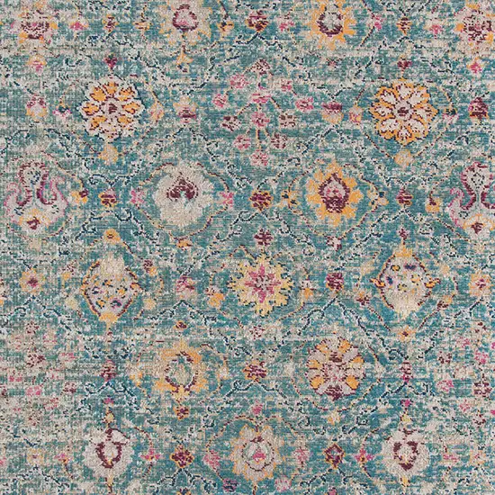 7' Teal Blue Floral Power Loom Runner Rug With Fringe Photo 8