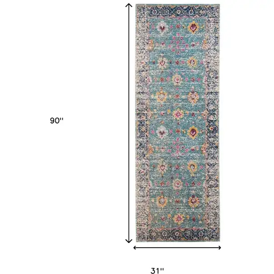 7' Teal Blue Floral Power Loom Runner Rug With Fringe Photo 7