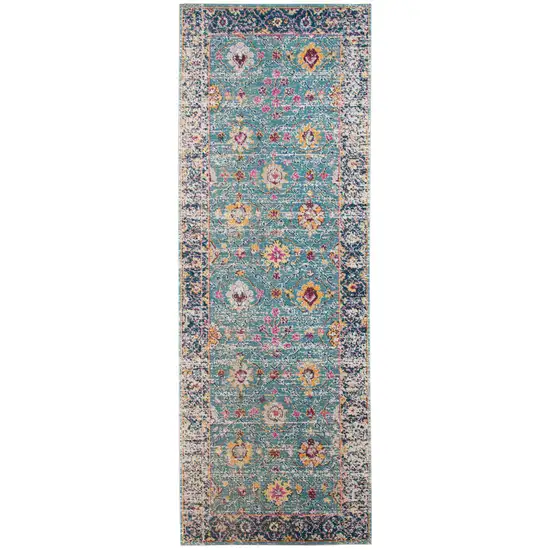 7' Teal Blue Floral Power Loom Runner Rug With Fringe Photo 1