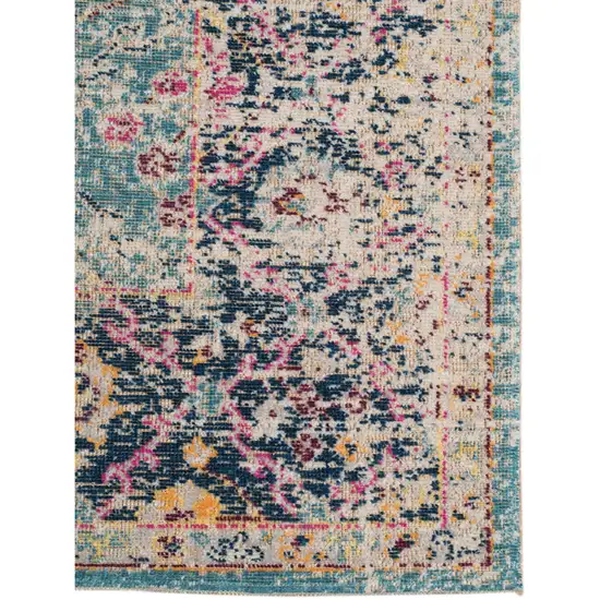 7' Teal Blue Floral Power Loom Runner Rug With Fringe Photo 2