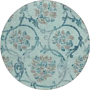 Photo of 8' Teal Blue Gray And Aqua Round Floral Washable Indoor Outdoor Area Rug