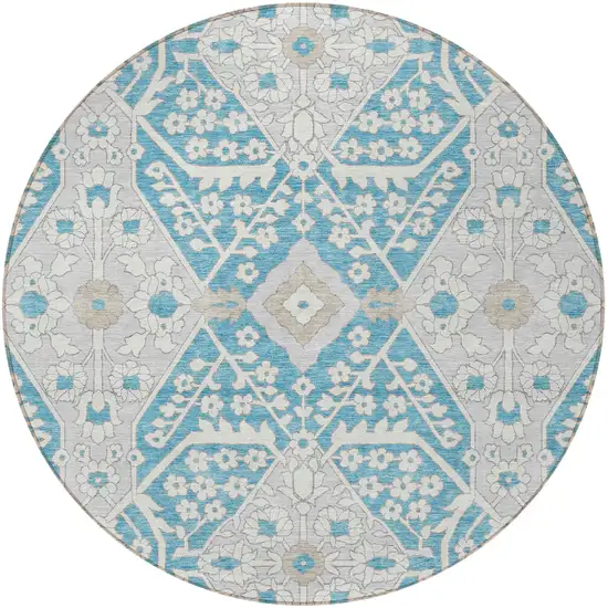 8' Teal Blue Gray And Beige Round Floral Washable Indoor Outdoor Area Rug Photo 6