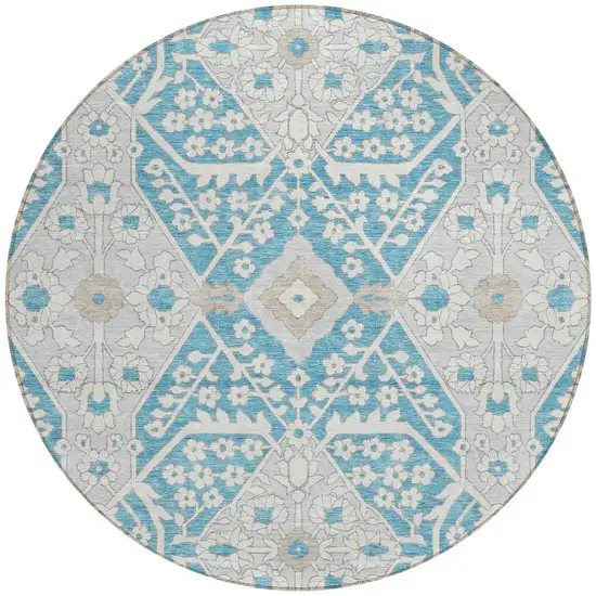 8' Teal Blue Gray And Beige Round Floral Washable Indoor Outdoor Area Rug Photo 5