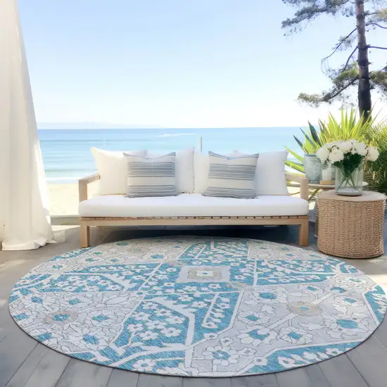 8' Teal Blue Gray And Beige Round Floral Washable Indoor Outdoor Area Rug Photo 7