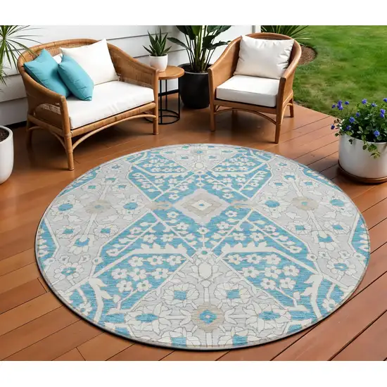 8' Teal Blue Gray And Beige Round Floral Washable Indoor Outdoor Area Rug Photo 1