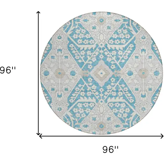 8' Teal Blue Gray And Beige Round Floral Washable Indoor Outdoor Area Rug Photo 3