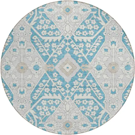 8' Teal Blue Gray And Beige Round Floral Washable Indoor Outdoor Area Rug Photo 2