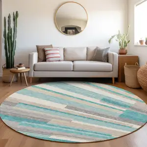 Photo of 8' Teal Blue Gray And Beige Round Striped Washable Indoor Outdoor Area Rug