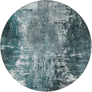 Photo of 8' Teal Blue Gray And Charcoal Round Abstract Washable Indoor Outdoor Area Rug