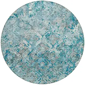 Photo of 8' Teal Blue Gray And Charcoal Round Geometric Washable Indoor Outdoor Area Rug