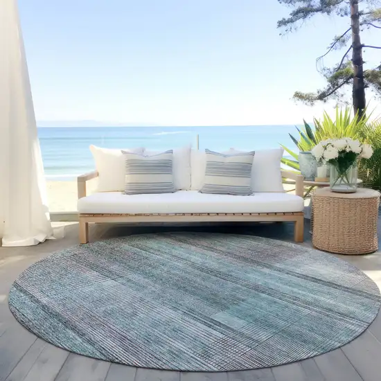 8' Teal Blue Gray And Charcoal Round Striped Washable Indoor Outdoor Area Rug Photo 6