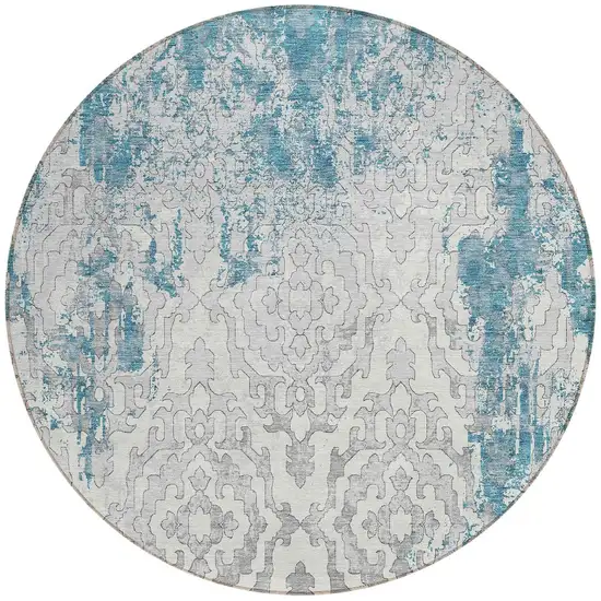 8' Teal Blue Gray And Ivory Round Medallion Washable Indoor Outdoor Area Rug Photo 5