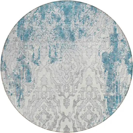 8' Teal Blue Gray And Ivory Round Medallion Washable Indoor Outdoor Area Rug Photo 2